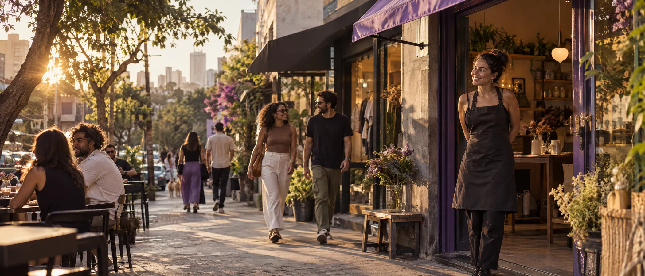 A lively São Paulo street with small independent shops at golden hour