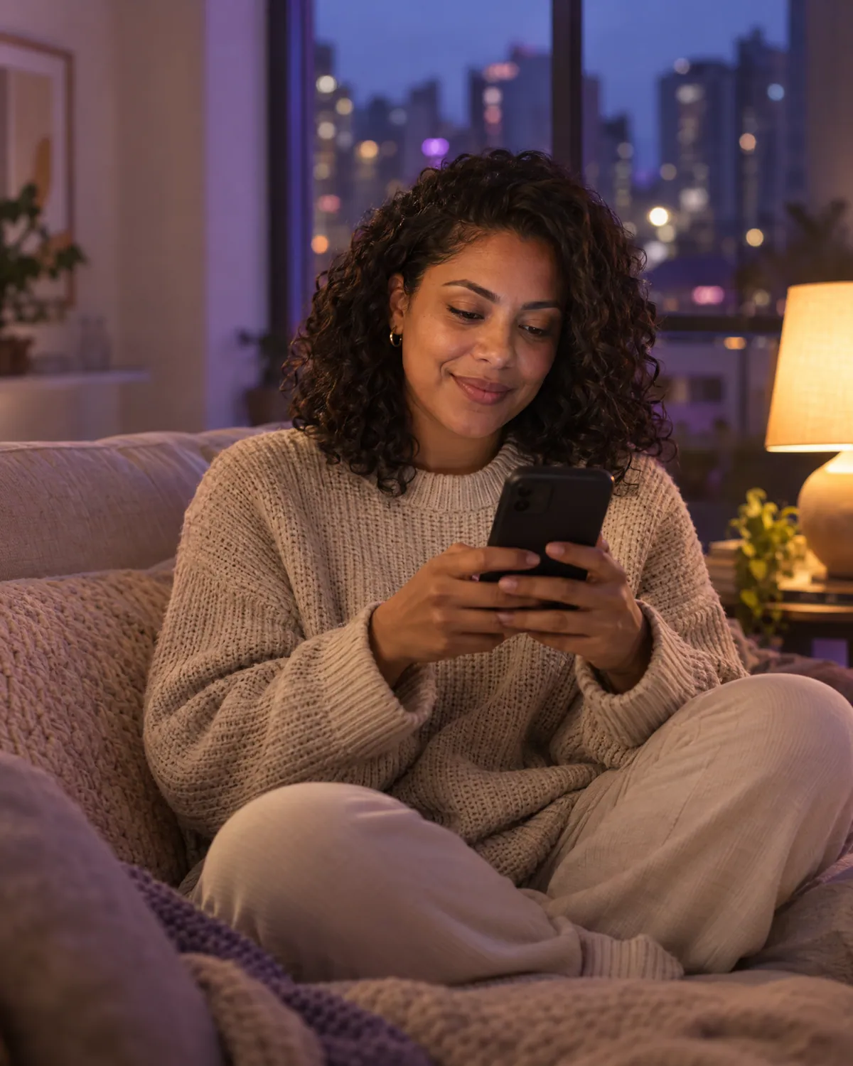A woman on her sofa in the evening, paying on her phone