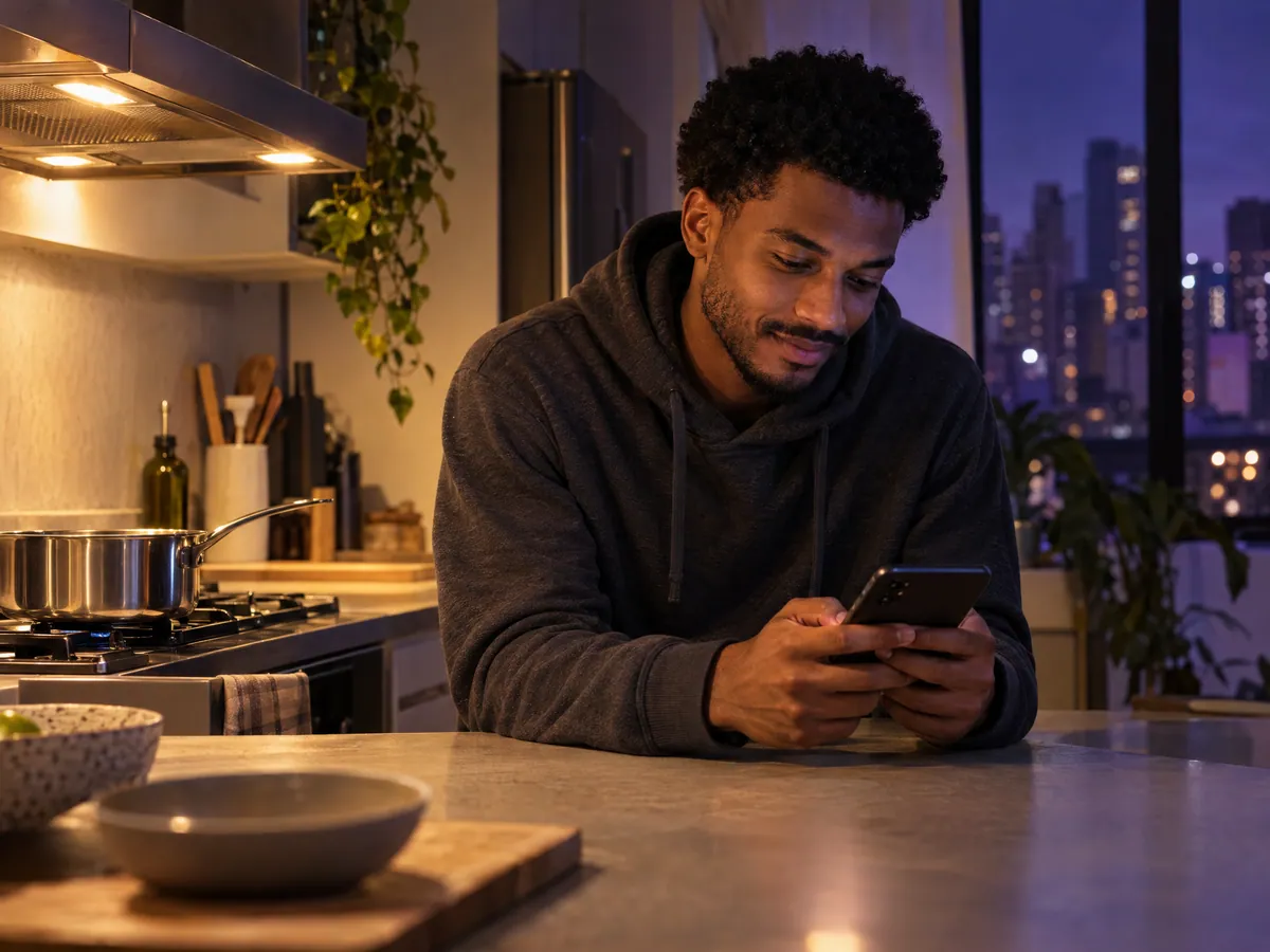 Late at night, a young man pays on his phone in his kitchen