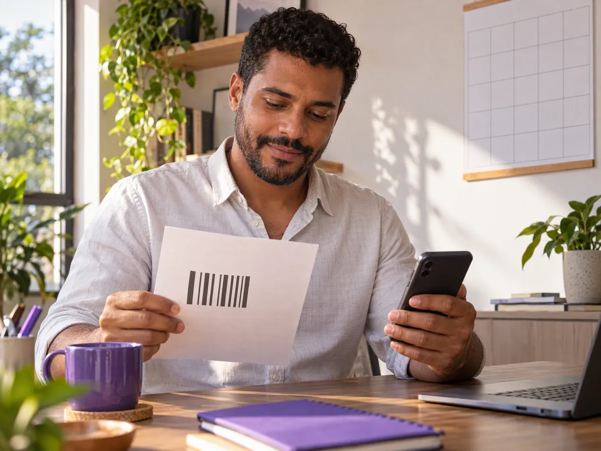 A man at his desk holds a printed bill next to his phone