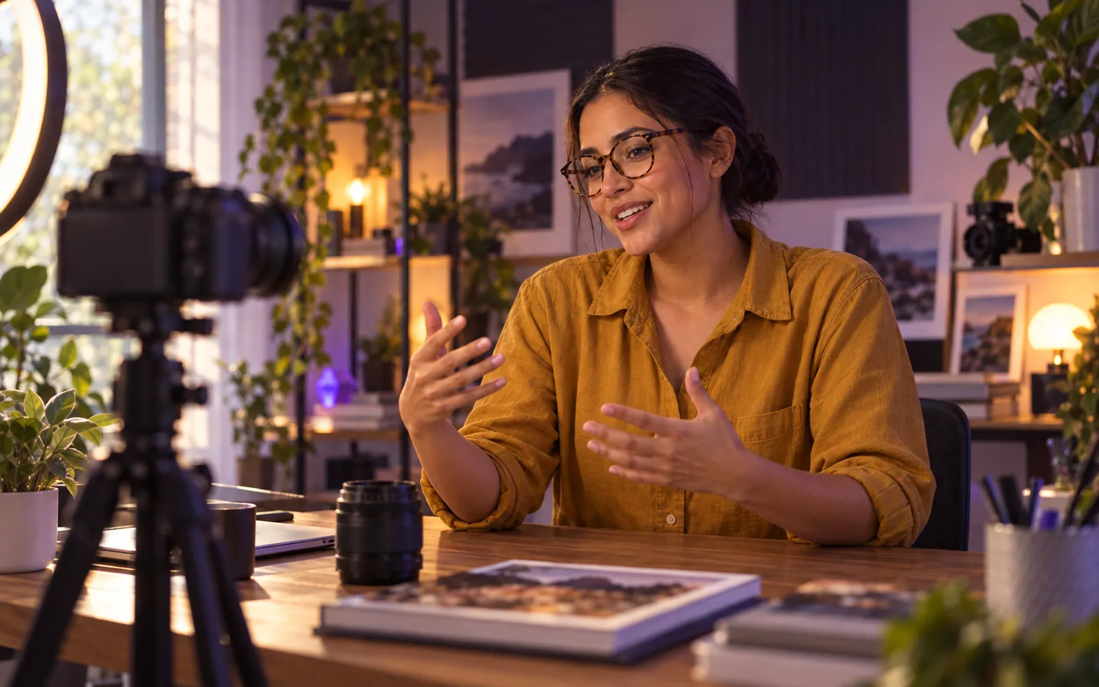 A photographer records an online workshop in her home studio