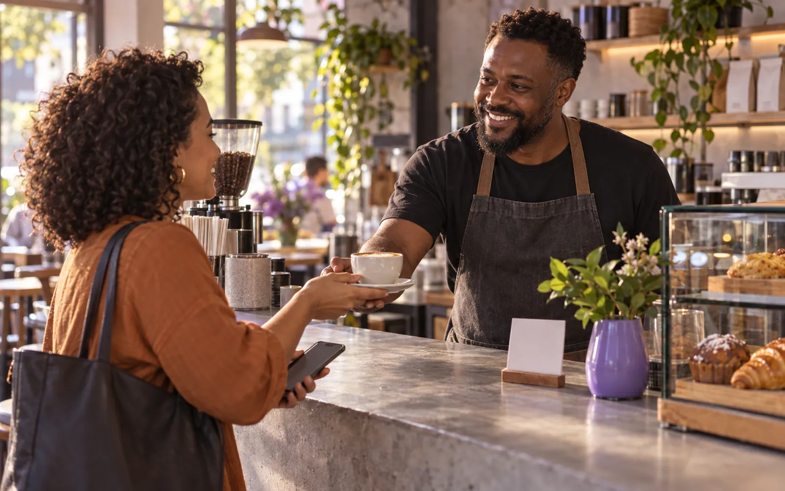 A café owner hands over a coffee as a customer pays by phone