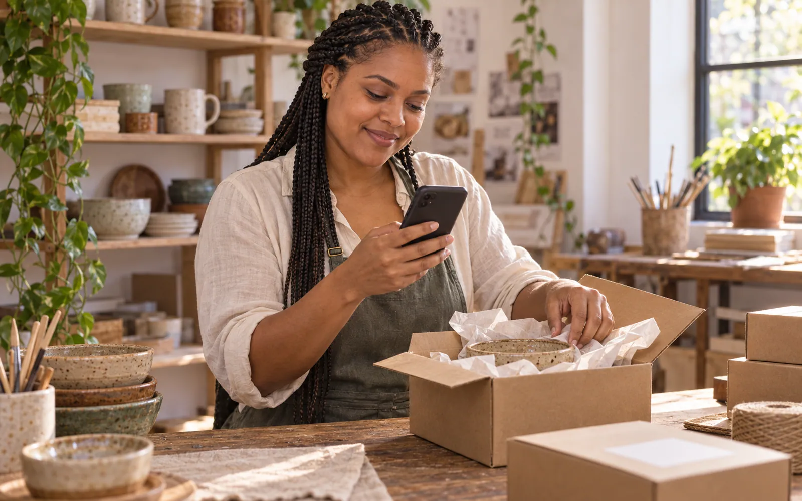 A seller packs a handmade order in her workshop and smiles at her phone
