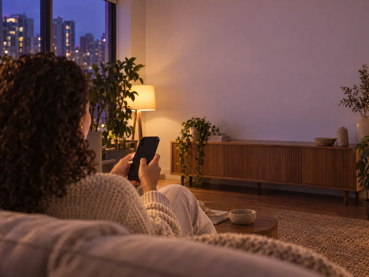 Maria in her living room at night, about to buy a print on her phone