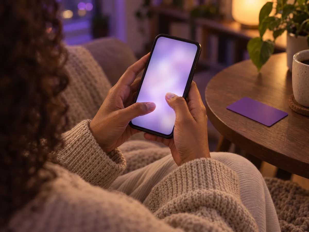 Close-up of hands holding a phone, thumb about to tap