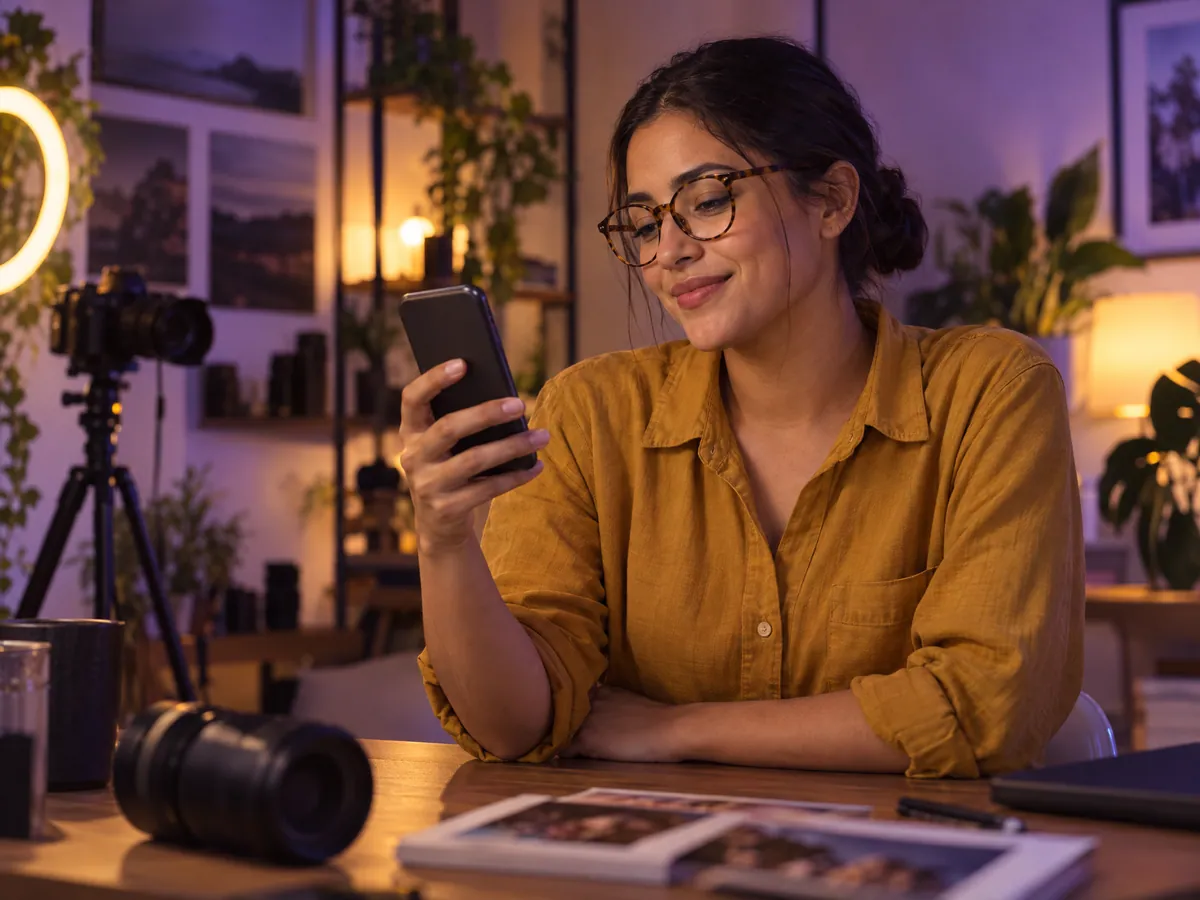 The photographer smiles at a sale notification on her phone