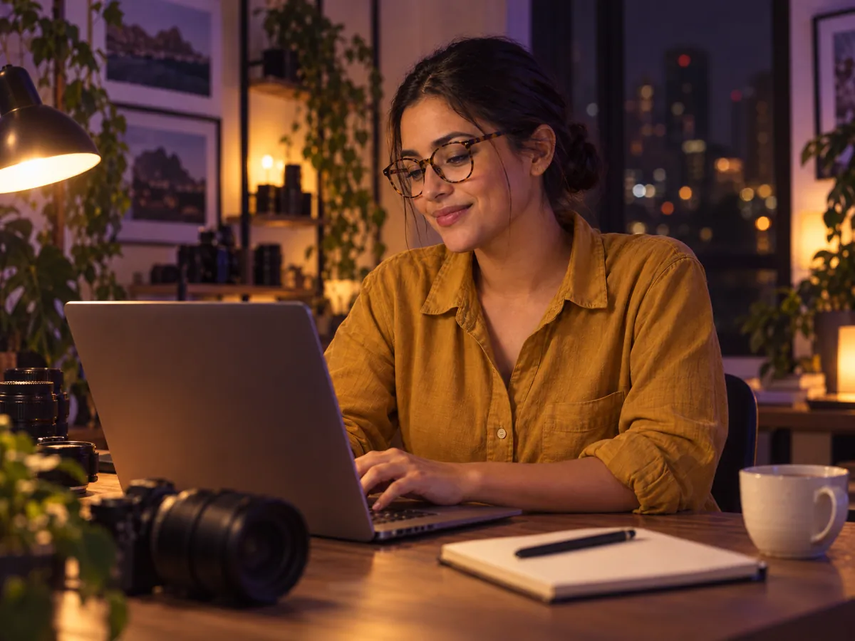 Late at night, the photographer checks her sales on a laptop at her studio desk