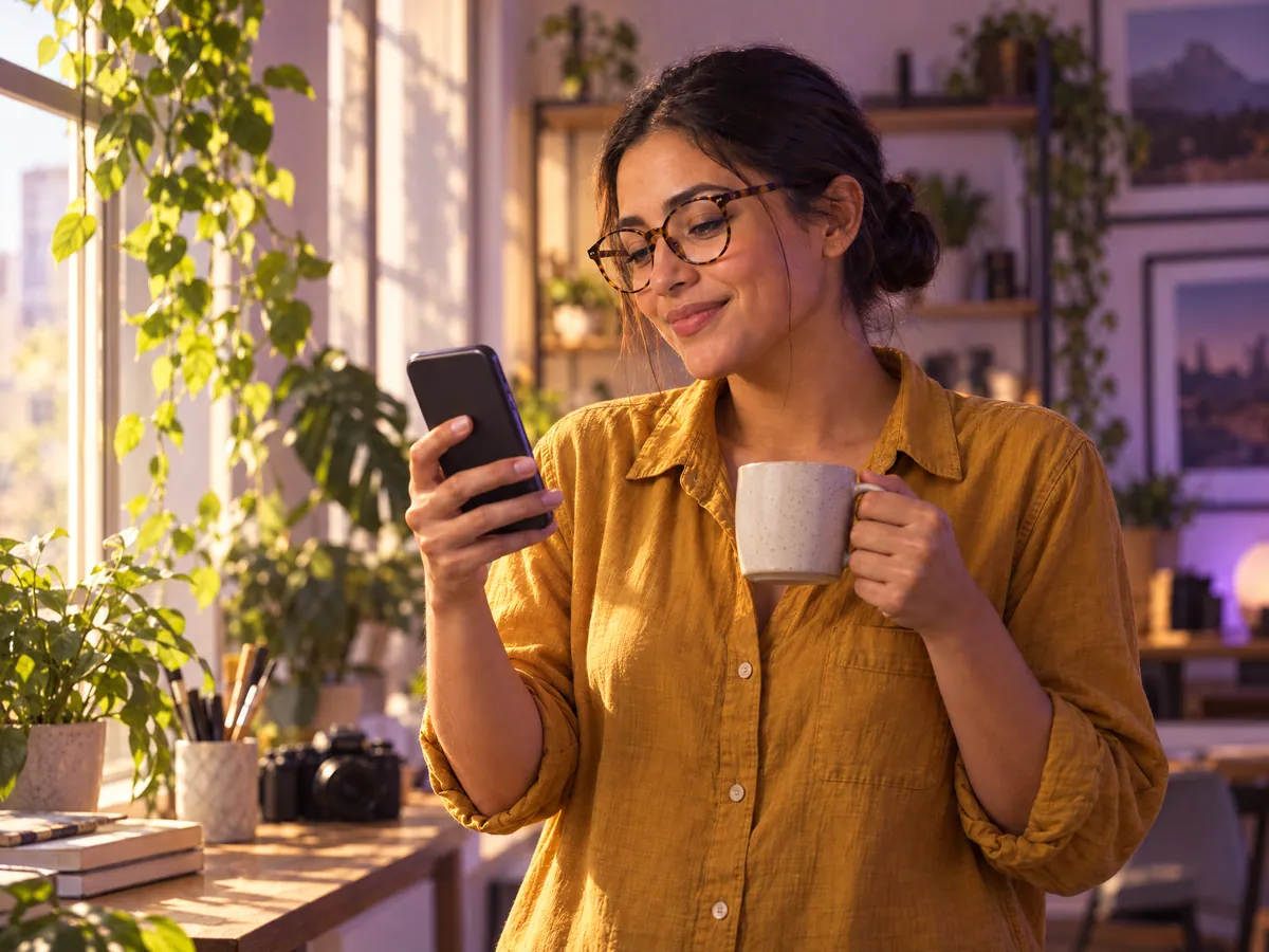 In the morning light, the photographer checks her phone with a coffee