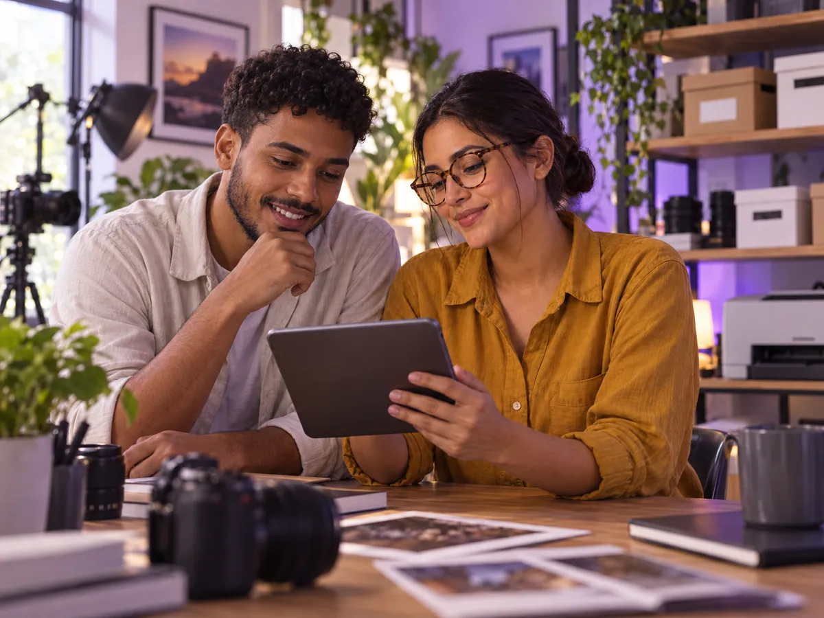 The photographer and her assistant review orders on a tablet