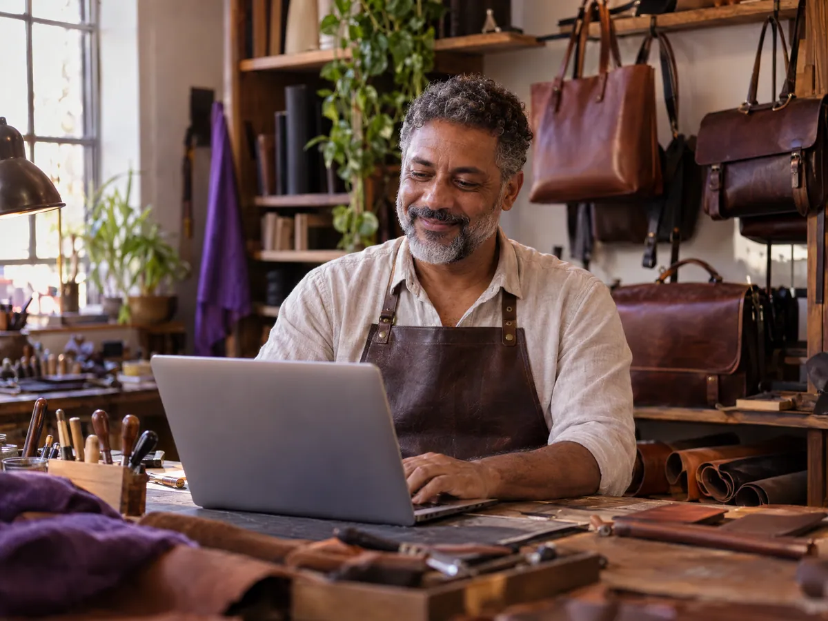 A craftsman smiles at his laptop in his leather workshop